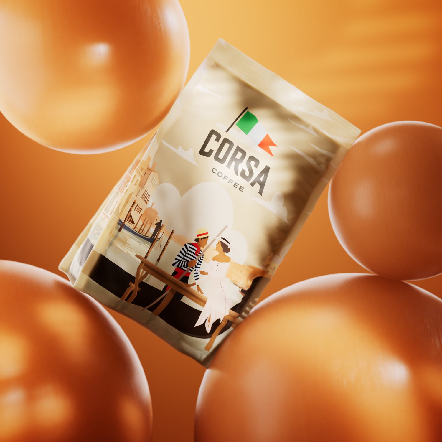 Пакет Corsa Coffee среди оранжевых сфер